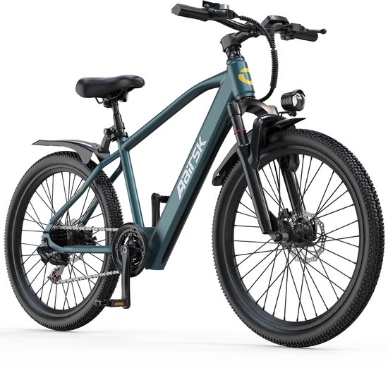 Aairsk Elektrische Fiets 26 Inch – EU-conforme 250W trapondersteuning tot 25 km/u – 36V 10Ah accu met actieradius tot 55 km – Shimano 7-versnelling en NFC startfunctie – LCD-display en LED-voorlamp – Ontworpen voor dagelijkse mobiliteit – Zeegroen