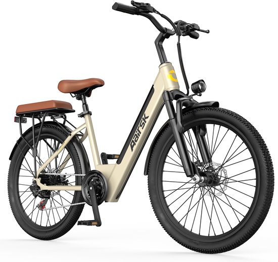 Aairsk Elektrische Fiets 26 Inch -EU-normen 250W(Actieradius 75km) - 36V 13Ah Accu – Trapondersteuning tot 25 km/u – Shimano 7 Versnellingen – NFC Startfunctie – Gebroken wit Kleur van Merkloos