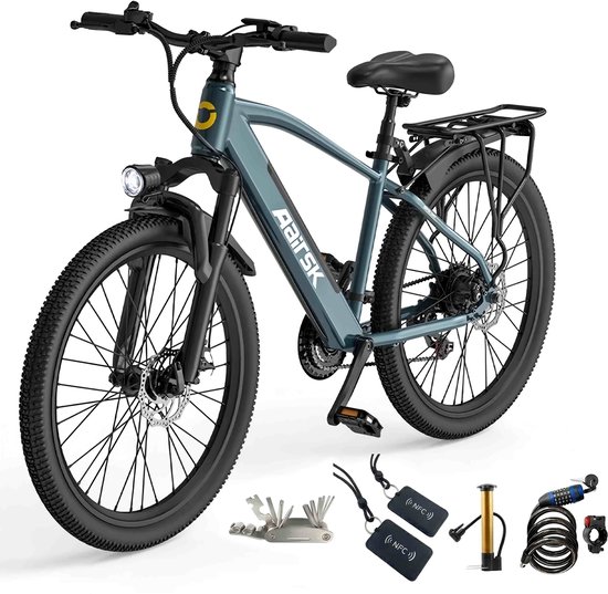 Aairsk Elektrische Mountainbike&Stadsfiets voor Buitenritten - 36V 13Ah Accu, 250W Motor, 26 Inch Banden, All-Terrain, met Aanhangerzitje, NFC Sleutelloos Systeem & Professionele Shimano 7 Configuratie, Het maximale bereik is 100 km. van Merkloos