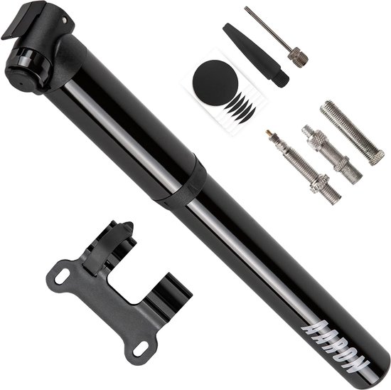 AARON Pocket One mini fietspomp voor alle kleppen-compacte luchtpomp geschikt voor elk frame-handpomp voor reizen met gratis Pechset wielpomp in zwart / grijs