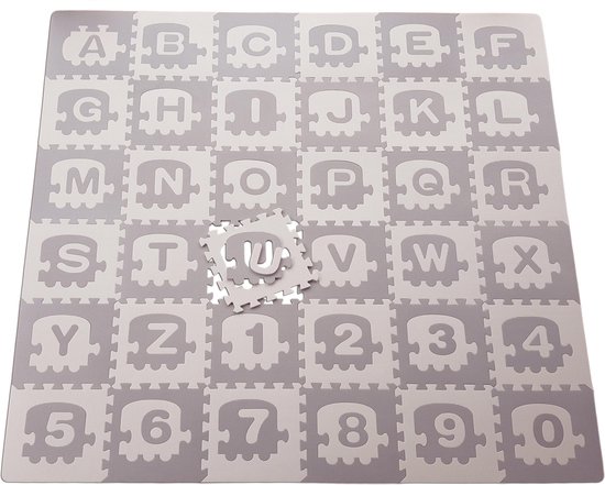 ABC / 123 / Trein Foam Puzzel Speelmat - 36 Speelmatten - 122 Delig - Uitneembare Figuren - Opbergtas - Afwerkranden - Grijs - Beige - Puzzelmat 180x180x1cm van ABC