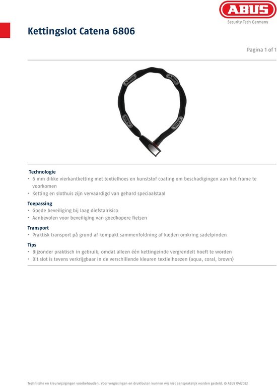 Abus kettingslot 6806K - 85cm - Aqua van ABUS