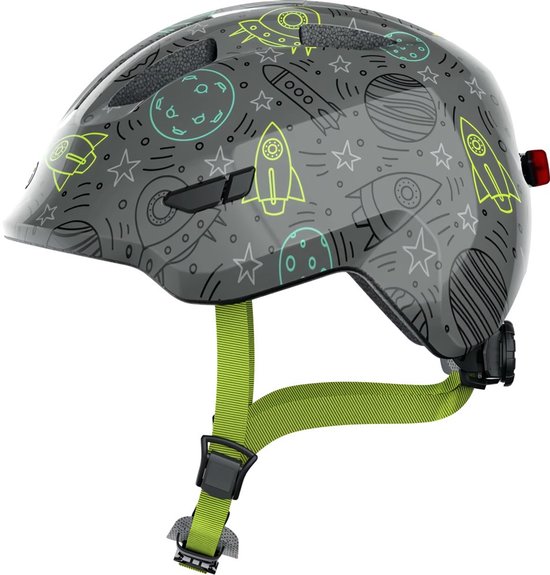 ABUS kinderhelm Smiley 3.0 LED - fietshelm met licht - diepe pasvorm & ruimte voor een vlecht - voor meisjes en jongens - grijs met ruimtepatroon, maat M van Merkloos
