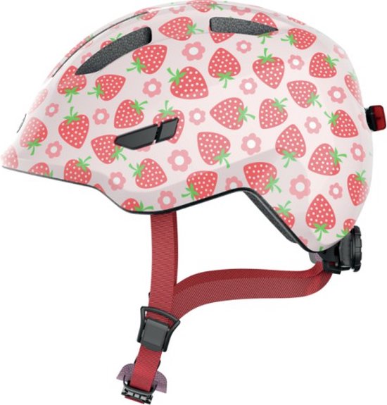ABUS kinderhelm Smiley 3.0 LED - fietshelm met licht - diepe pasvorm & ruimte voor een vlecht - voor meisjes en jongens - roze met aardbeienpatroon, maat S van ABUS