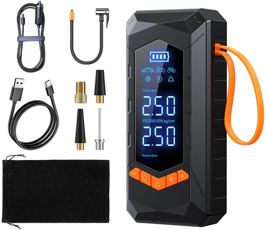 AC Pecham HW01 Draagbare Compressor Bandenpomp - Luchtcompressor - Oplaadbaar - Fiets tot Auto - Elektrische Fietspomp - Inclusief opbergtas en 5 opzetstukken - tot 10 bar