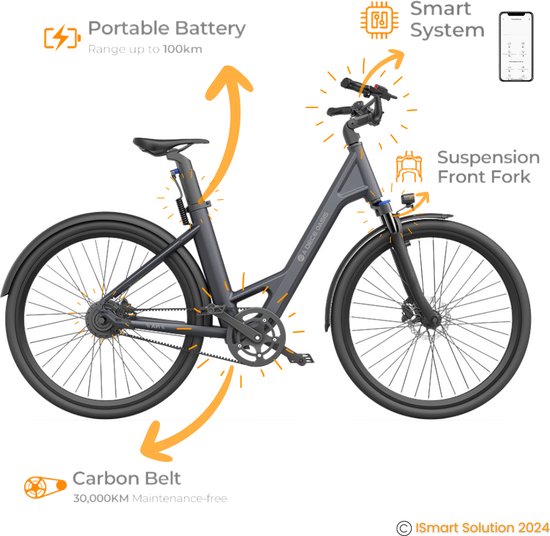 ADO E-bike A28 Air Elektrische Fiets | e-bike | 345Wh Samsung-batterij | 100-150km Actieradius | Geavanceerde Koolstofriem | IPX7-display voor Slimme Navigatie | 250W Motor | Donker Grijs van Merkloos