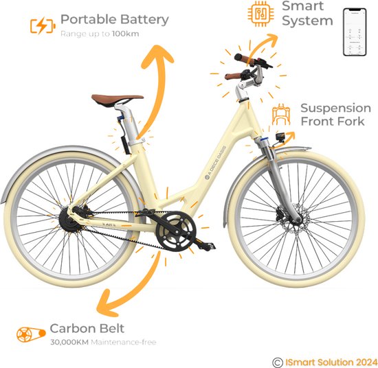 ADO E-bike A28 Air Elektrische Fiets | e-bike | 345Wh Samsung-batterij | 100-150km Actieradius | Geavanceerde Koolstofriem | IPX7-display voor Slimme Navigatie | 250W Motor | Licht Geel (Latte)