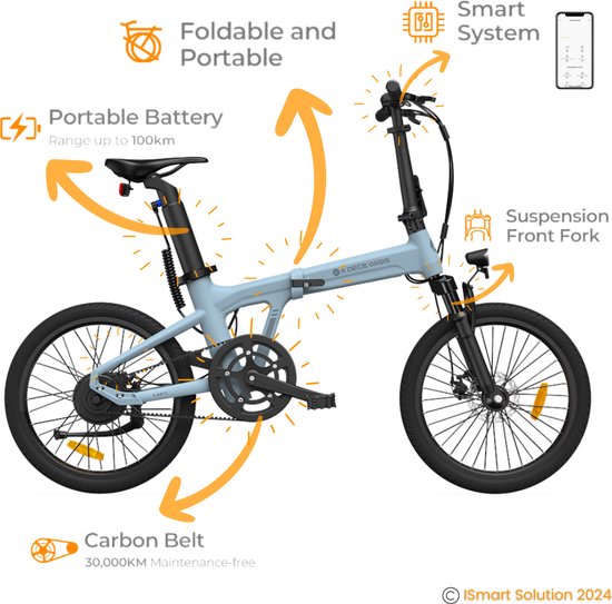 ADO E-bike Air A20S Elektrische Fiets | vouwfiets, e-bike | 25 km/h Maximale Snelheid | Hydraulische Schijfremmen | Krachtige Samsung-batterij | Met Verende Voorvork | Iovry blue (Blauw) van Merkloos