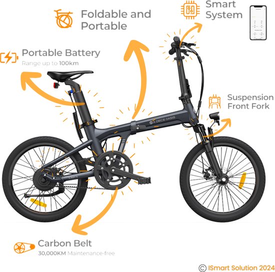 ADO E-bike Air A20S Elektrische Fiets | vouwfiets | met 75-100 km Actieradius | 25 km/h Maximale Snelheid | Hydraulische Schijfremmen | Krachtige Samsung-batterij | Met Verende Voorvork | Grijs van Merkloos