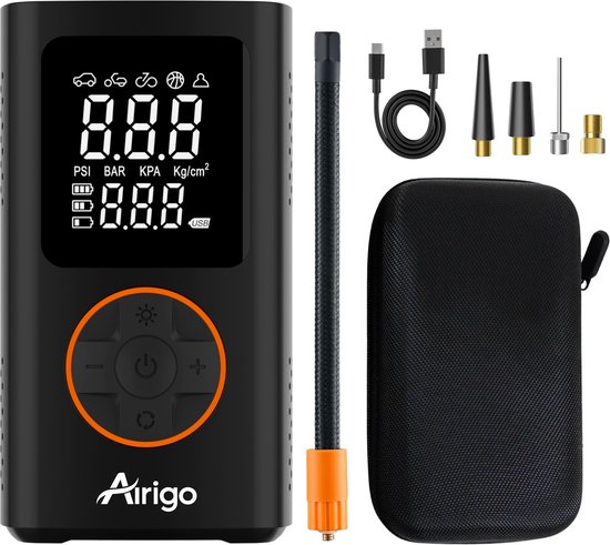 Airigo® Luchtcompressor – Elektrische Fietspomp – Bandenpomp – Compact & Draadloos – Auto-stop & 5 Presets – Helder Display – USB-C Opladen – Powerbankfunctie – LED-Licht – Harde Beschermhoes – Precies Oppompen – voor Auto/Fiets/Motor/Ballen van Airigo
