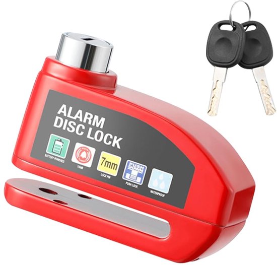 Alarm Schijfrem Slot - 110dB Hoog Volume - Waterdicht - voor Motor, Scooter, Fiets - Anti-Diefstal - Sleutelloos Sluiten - Aluminium Legering - rood