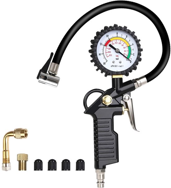 Allecta - Multifunctionele luchtdrukmeter voor bandenspanning tot 220 psi (15 bar) met ventielkern gereedschap - compressor accessoires zwart