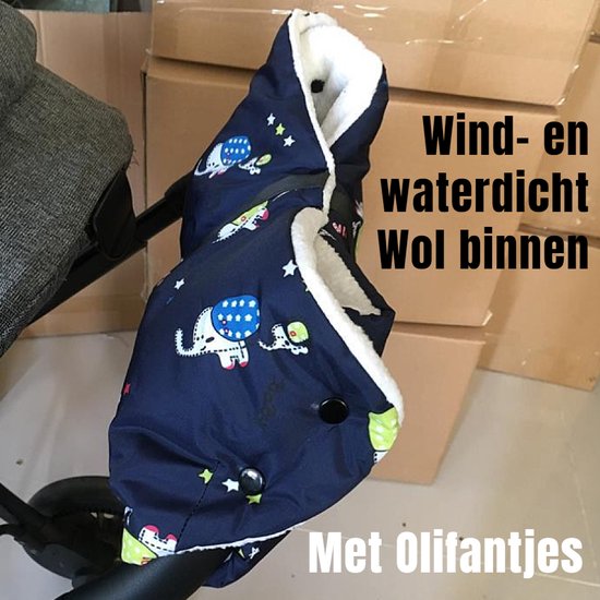 Allernieuwste.nl® Kinderwagen Handschoenen Handwarmer Buggy - Wollen Binnenzijde - Winddicht - Waterdicht - Gants de Poussette - Warme Handen Wanten - 2-in-1 - Olifantjes van Allernieuwste.nl