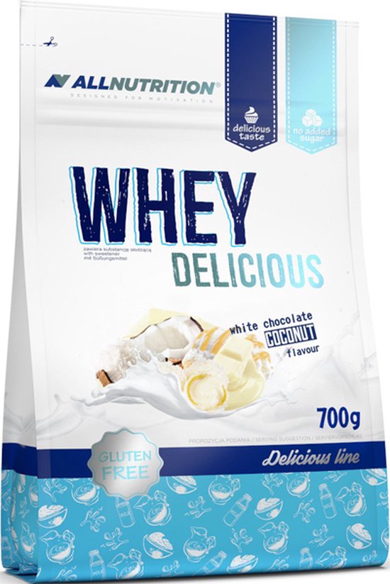 AllNutrition | Delicious | Gluten vrij Whey protein | White chocolate coconut | 700gr 23 servings | Proteïne shake | Eiwitten | Supplement | Mix van (blended) concentraat / isolaat | Nutriworld