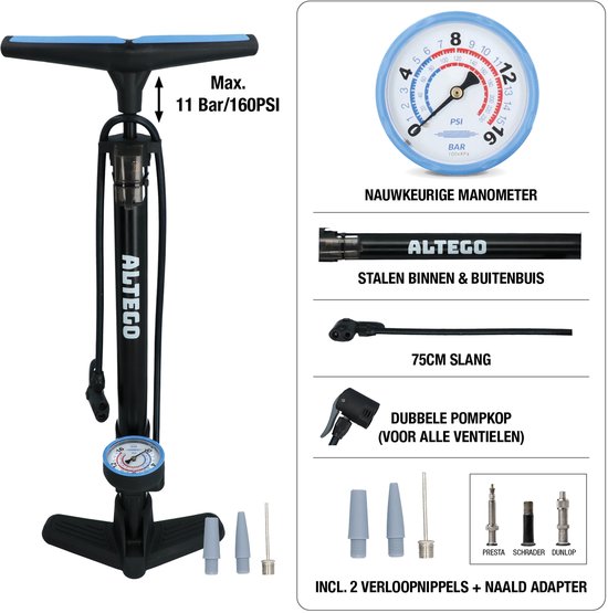 Altego Fietspomp + Manometer - 11 BAR/160 PSI - Vloerpomp met Pompslang 75cm - Voor Dunlop, Presta en Schrader ventielen - Meerdere verloopnippels van Merkloos