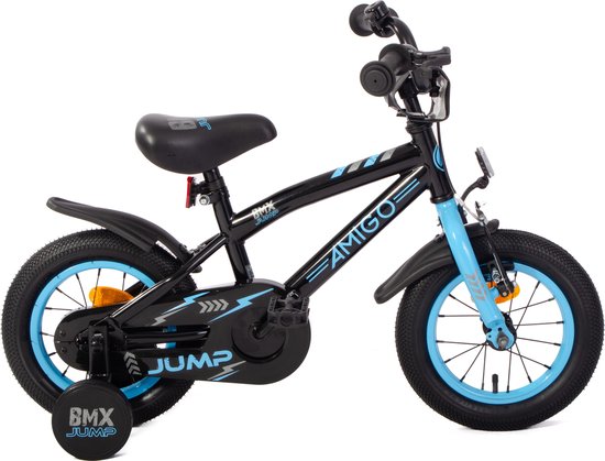 AMIGO BMX Jump Jongensfiets 12 Inch - Kinderfiets voor 2 tot 4 Jaar - 90-105 cm - Met Zijwieltjes - Zwart/Blauw van AMIGO