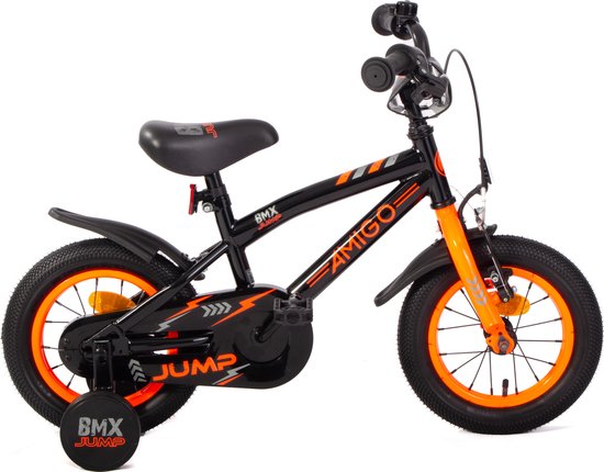 AMIGO BMX Jump Jongensfiets 12 Inch - Kinderfiets voor 2 tot 4 Jaar - 90-105 cm - Met Zijwieltjes - Zwart/Oranje van AMIGO
