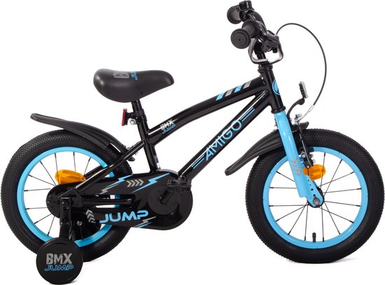 AMIGO BMX Jump Jongensfiets 14 Inch - Kinderfiets voor 3 tot 5 Jaar - 95-110 cm - Met Zijwieltjes - Zwart/Blauw van AMIGO
