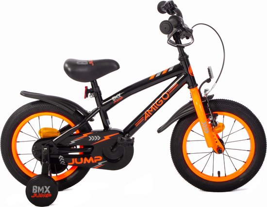 AMIGO BMX Jump Jongensfiets 14 Inch - Kinderfiets voor 3 tot 5 Jaar - 95-110 cm - Met Zijwieltjes - Zwart/Oranje van AMIGO