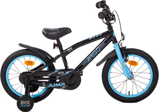 AMIGO BMX Jump Jongensfiets 16 Inch - Kinderfiets voor 4 tot 6 Jaar - 100-115 cm - Met Zijwieltjes - Zwart/Blauw van AMIGO