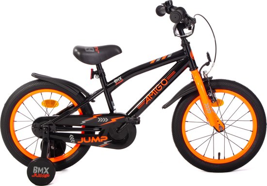 AMIGO BMX Jump Jongensfiets 16 Inch - Kinderfiets voor 4 tot 6 Jaar - 100-115 cm - Met Zijwieltjes - Zwart/Oranje van AMIGO