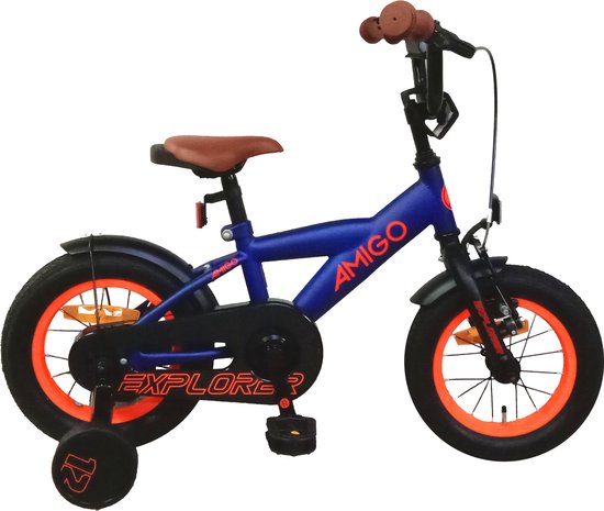 AMIGO Explorer Jongensfiets - 12 Inch 20 cm - Kinderfiets voor Jongens - Terugtraprem - Blauw/Oranje van AMIGO