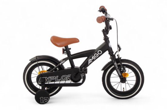 AMIGO Explorer Jongensfiets 12 Inch - Kinderfiets voor 2 tot 4 Jaar - 90-105 cm - Terugtraprem - Zwart/Wit van AMIGO