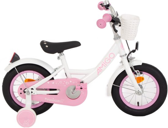 AMIGO Perfect Meisjesfiets - Kinderfiets voor Meisjes - 12 Inch 21 cm - Terugtraprem - Wit/Roze van AMIGO