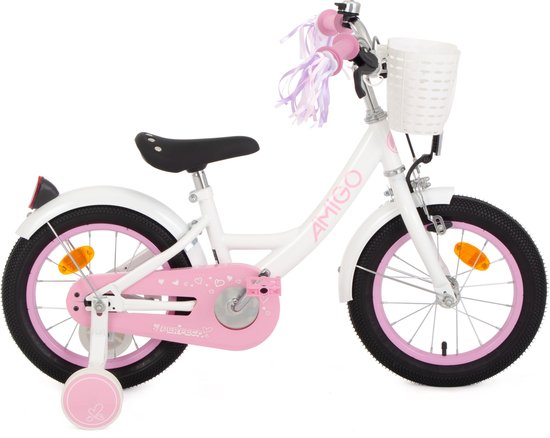AMIGO Perfect Meisjesfiets - Kinderfiets voor Meisjes - 14 Inch 22 cm - Terugtraprem - Wit/Roze van AMIGO