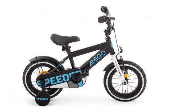 AMIGO Speeder Jongensfiets 12 Inch - Kinderfiets voor 2 tot 4 Jaar - 90-105 cm - Zwart/Blauw van AMIGO