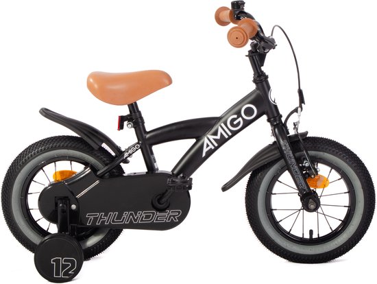 AMIGO Thunder Jongensfiets 12 Inch - Kinderfiets voor 2 tot 4 Jaar - 90-105 cm - Met Zijwieltjes - Zwart/Wit van Merkloos