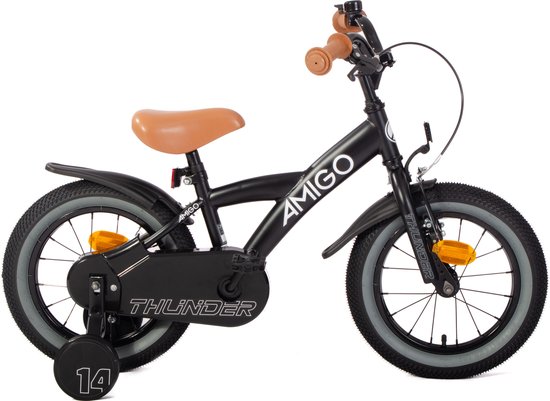 AMIGO Thunder Jongensfiets 14 Inch - Kinderfiets voor 3 tot 5 Jaar - 95-110 cm - Met Zijwieltjes - Zwart/Wit van AMIGO