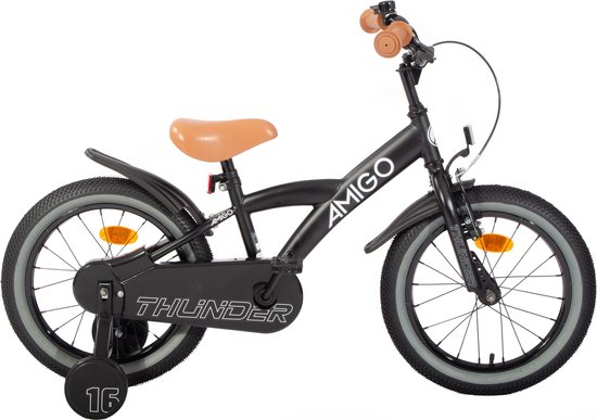 AMIGO Thunder Jongensfiets 16 Inch - Kinderfiets voor 4 tot 6 Jaar - 100-115 cm - Met Zijwieltjes - Zwart/Wit van AMIGO