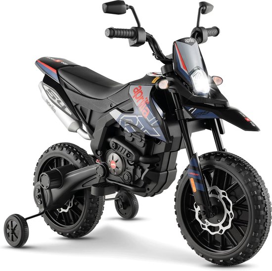Aprilia Elektrische motorfiets, 12 V, 5,5 - 6 km/u, met steunwielen, muziek en koplampen, voor kinderen vanaf 3 jaar, tot 30 kg belastbaar (blauw) van Aprilia