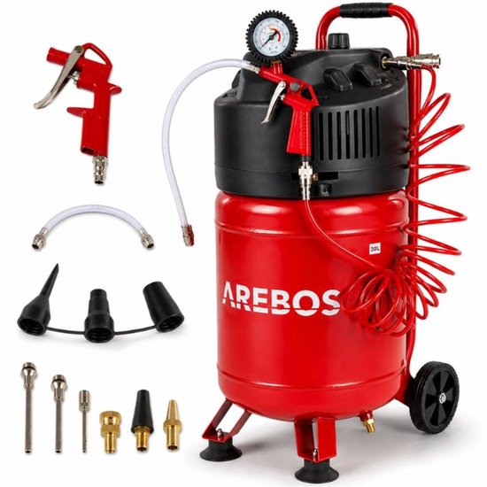 AREBOS Luchtcompressor 30 L 10 Bar staand 13-delig accessoire rood