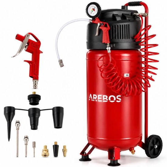AREBOS Luchtcompressor Compressor 50L met 13-Delige Pneumatische Set 10 Bar Rood