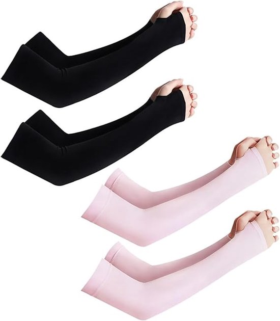 Arm Sleeves 4 Paar - Ademend met Duimgat - Hardloop & Outdoor Bescherming - Sleeves - Armstukken - Zonbescherming - Zwart en roze- One Size