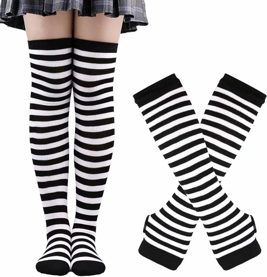 Armwarmers - Damessokken - Gestreepte kniekousen - Armwarmers zonder vingers - Dames lange vingerloze sokken - Handschoenen gebreid - Armwarmers - Duimgat elastische handschoenen (1 set zwart-witte strepen)