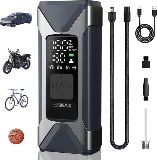 ASMAX T10 Elektrische Bandenpomp - Draagbare Luchtcompressor 160 PSI - 7500 mAh Accu - Digitale Compressor met Automatische Stop & Powerbank - Auto, Fiets & Motor