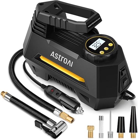 Auto Luchtpomp 12V – Elektrische Luchtcompressor 100 PSI – Met Digitaal LCD Scherm & Auto Stop – Voor Auto, Fiets, Motor en Bal – Inclusief Accessoires