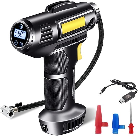 Autobandenpomp, 7000mAh 12V draagbare luchtcompressor, draadloze autobandenpomp, oplaadbare 150 PSI autocompressor elektrische pomp met LED en mondstukadapters