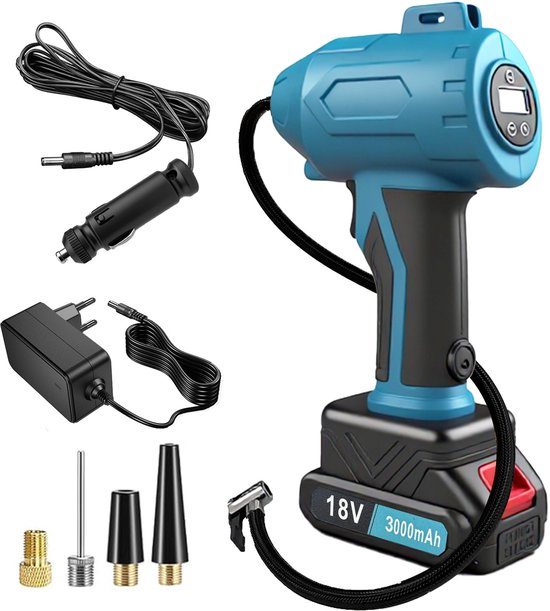 Autobandenpomp Luchtcompressor, Oplaadbare Batterij Draadloze Bandenpomp, Draagbare Handbandenpomp Digitaal met Zaklamp en 4 Adapters voor Auto, Motorfiets, Fiets en Ballen. van Merkloos