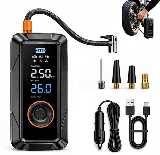 Autoluchtpomp 150 PSI - Draadloze elektrische luchtpomp - Draagbare luchtpomp - Met LCD-display en automatische stopfunctie - Universele luchtpomp - Geschikt voor auto's, motoren, fietsen en ballen - Zwart