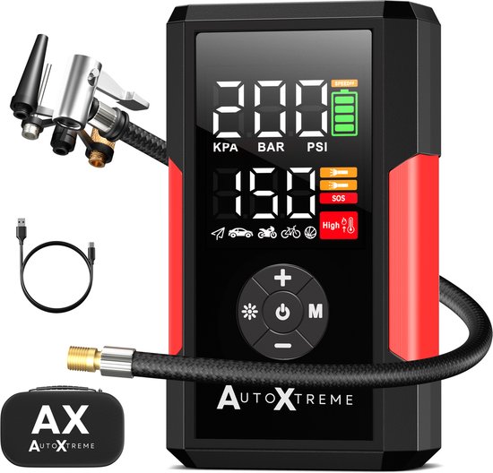 AutoXtreme Air-200 Bandenpomp Auto en Fiets 12V - Compacte Autobanden Pomp Draadloos - Mini Compressor Bandenpomp met Drukmeter - Luchtcompressor en Elektrische Fietspomp 25 L/min