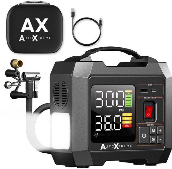 AutoXtreme Air-300 Bandenpomp Auto 12V - Autobanden Pomp Draadloos - Mini Compressor Bandenpomp met Drukmeter - Luchtcompressor en Elektrische Fietspomp 45 L/min voor Camper en Motor