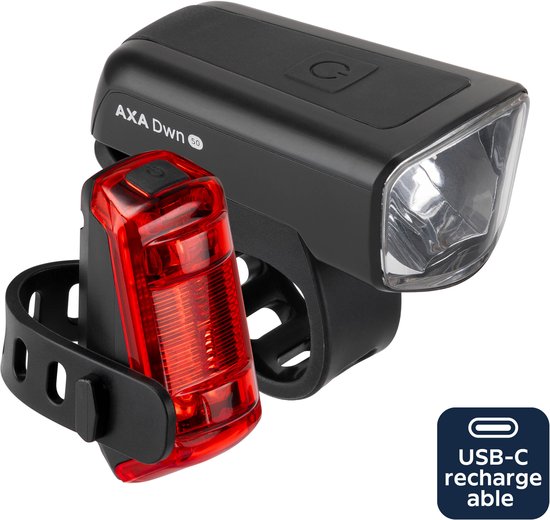 AXA Dwn 50 USB fietsverlichting set – USB oplaadbare koplamp en achterlicht – 50 lux – Remlicht- en noodremlichtfunctie – Vervangbare batterijen