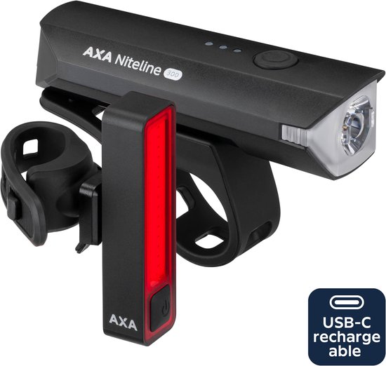 AXA Niteline 300 fietsverlichting set – Oplaadbare LED fietsverlichting voor- en achterlicht – USB‑C – krachtige verlichting voor donkere stedelijke omgevingen