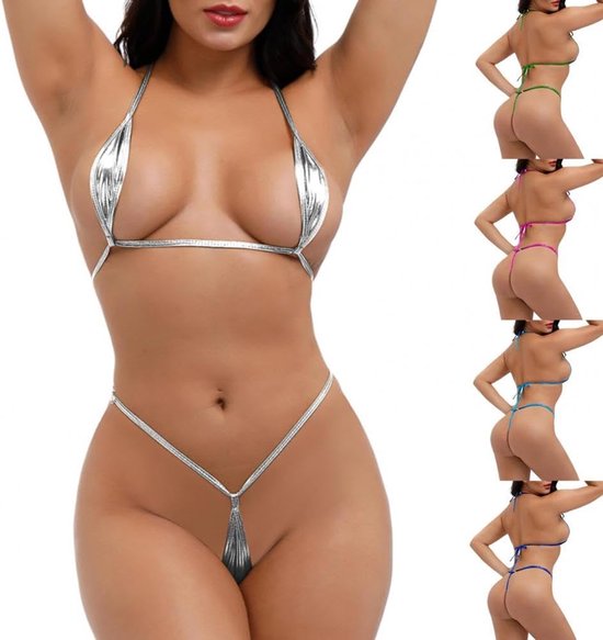 Badmode glanzende erotische mini bikini lingerie set halter nek beha micro G-string string ondergoed badpak (kleur: groen, maat: één maat)