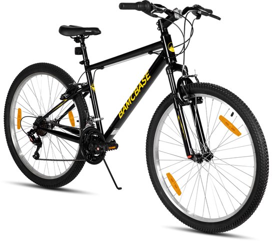 BAMCBASE Agave Voorvering Mountainbike - 26 inch - Carbonstalen Frame - 18 Versnellingen - Handrem - V-Brake - Spatborden - Zwart - Geschikt voor buitenactiviteiten in de lente van Bamcbase
