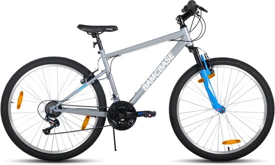 BAMCBASE Agave Voorvering Mountainbike - 27.5 inch - Carbonstalen Frame - 18 Versnellingen - Handrem - V-Brake - Spatborden - Grijs - Geschikt voor buitenactiviteiten in de lente van Bamcbase